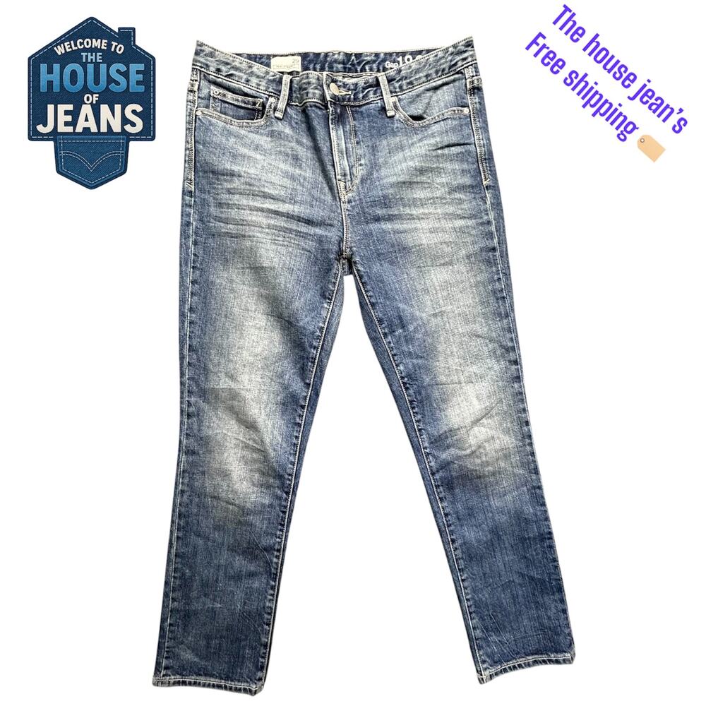 GAP 1969 Real Straight Jeans Women’s Size 29 Blue Mid Rise Distressed Wash Denim